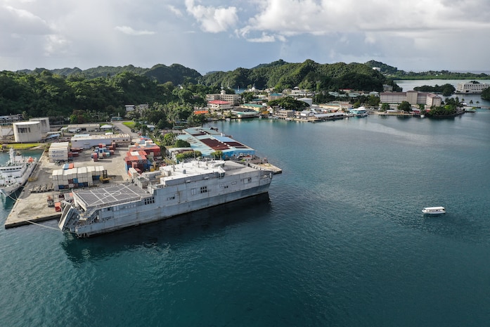 U.S. Military Sealift command’s Spearhead-class expeditionary fast transport ship, City of Bismarck, floats while docked at the Commercial Seaport of Palau in Koror, Republic of Palau, Nov. 5, 2021. Military Sealift Command Far East ensures approximately 50 ships in the Indo-Pacific region, including City of Bismarck, are manned, trained and equipped to deliver essential supplies, fuel, cargo, and equipment to warfighters, both at sea and on shore. The ship is currently supporting Task Force Koa Moana 21, I Marine Expeditionary Force by transporting gear and personnel from California to the Republic of Palau.