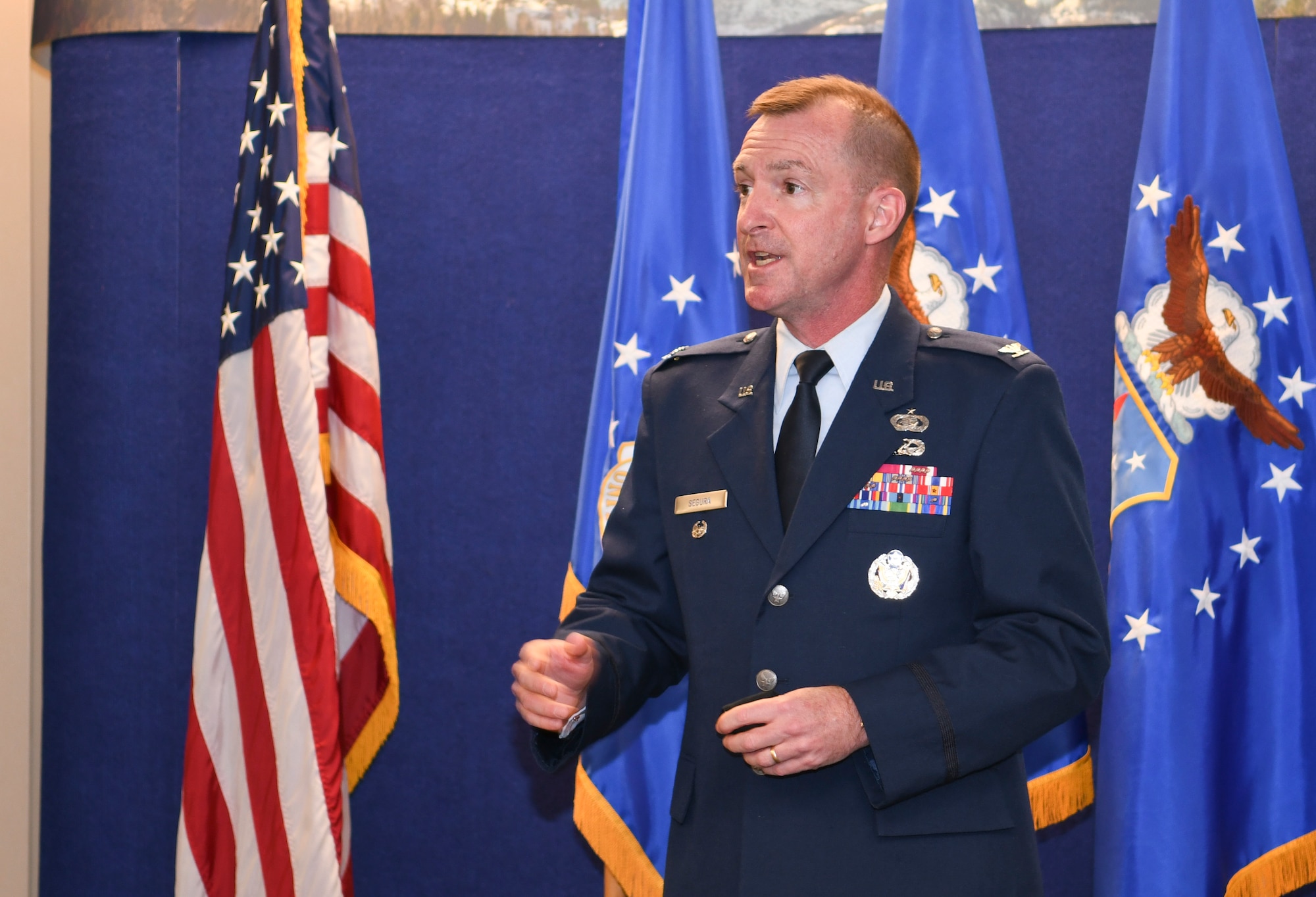 Col. Edward Segura, Headquarters Individual Reservist Readiness Integration Center commander, speaks after receiving command on Buckley Space Force Base, Nov. 8, 2021. (U.S. Air Force photo by Tech. Sgt. Cory Payne)
