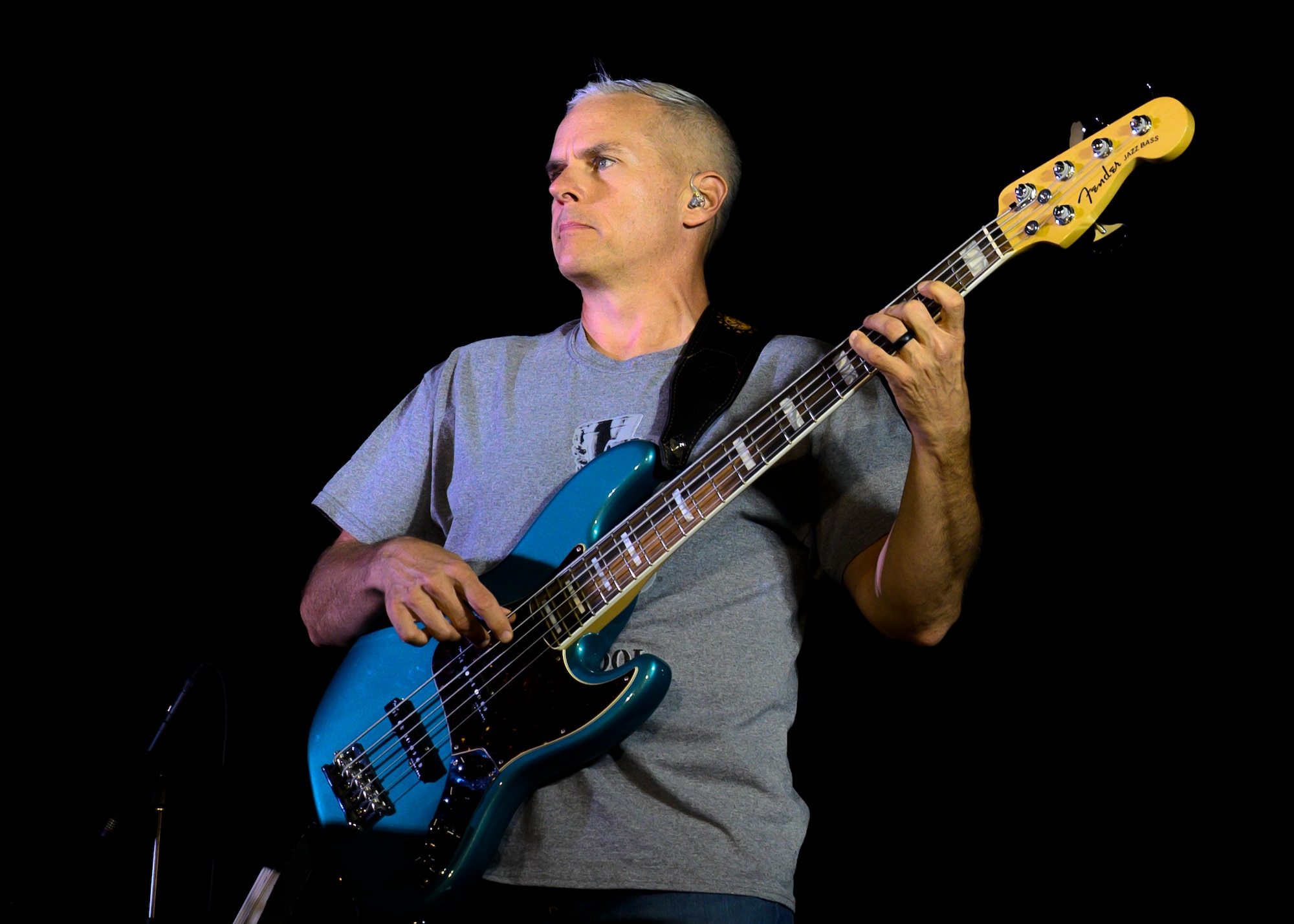 U.S. Air Force Tech. Sgt. Joseph Whitt, U.S. Air Forces Central band bass player, performs during a concert at Prince Sultan Air Base, Kingdom of Saudi Arabia, Oct. 16, 2021. The 378th Air Expeditionary Wing hosted two nights of performances in recognition and celebration of the base’s accomplishments throughout the past summer. (U.S. Air Force photo by Senior Airman Samuel Earick)