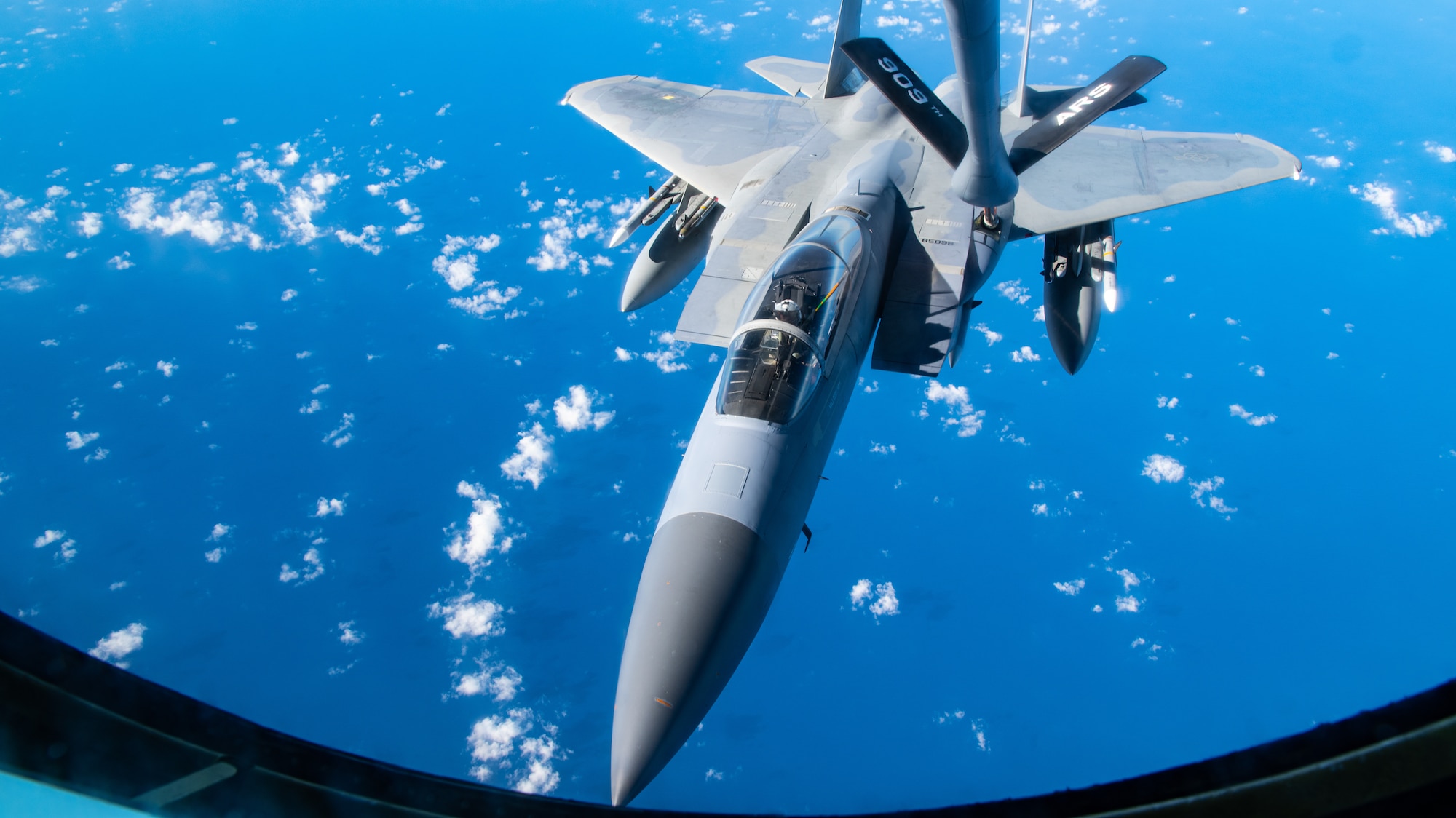 A photo of an F-15C Eagle receiving fuel from a KC-135 Stratotanker