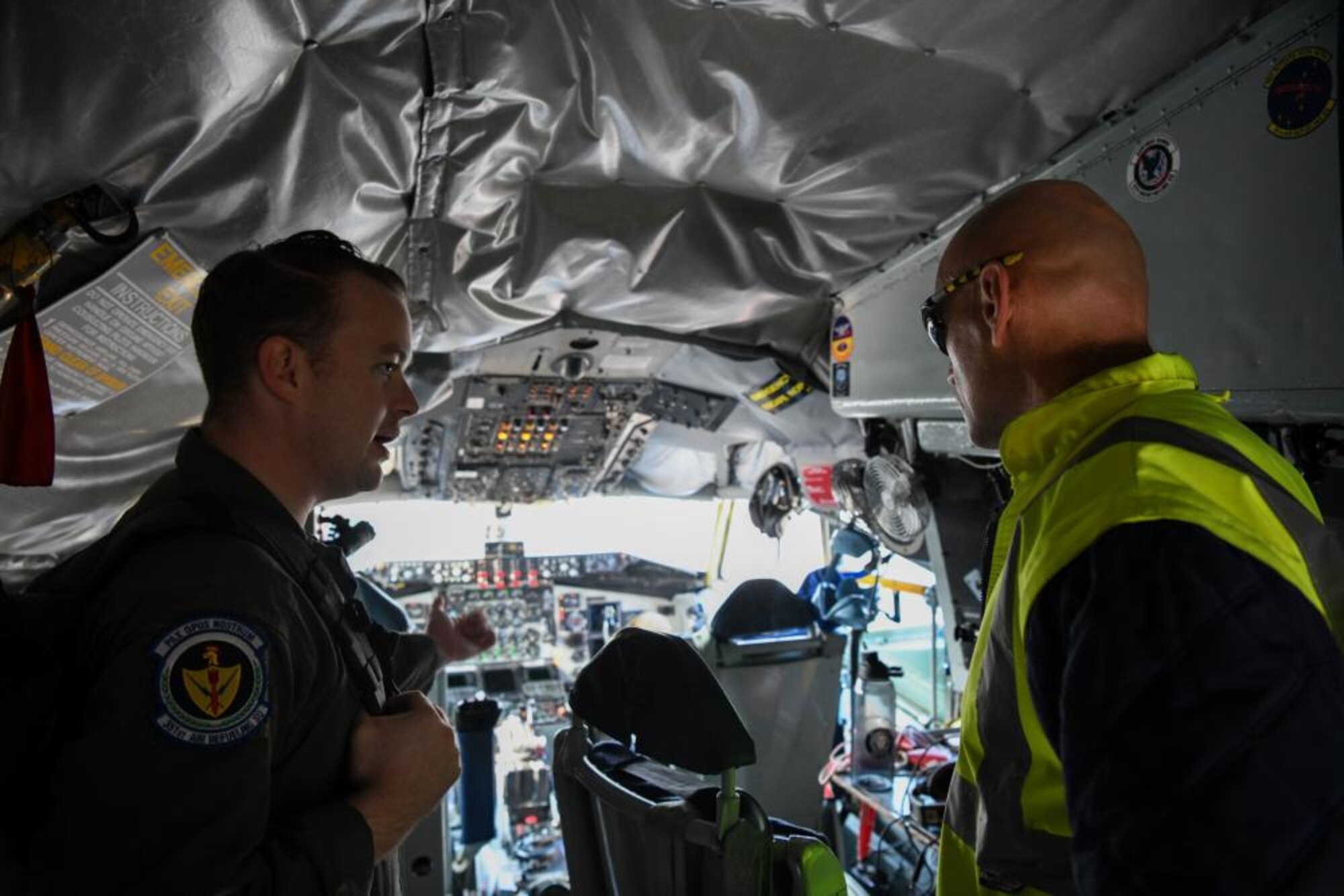 U.S. Air Force Tech. Sgt. Blake Soule, 100th Air Refueling Squadron boom operator, gives a detailed perspective of what his duties in the cockpit of a KC-135 Stratotanker aircraft looks like at Cerklje, Slovenia, Oct 29, 2021. Slovenian military officials had the opportunity to get a detailed tour of the KC-135, as a part of United States Armed Forces in Europe partnership mission. (U.S. Air Force photo by Senior Airman Nicholas Swift)