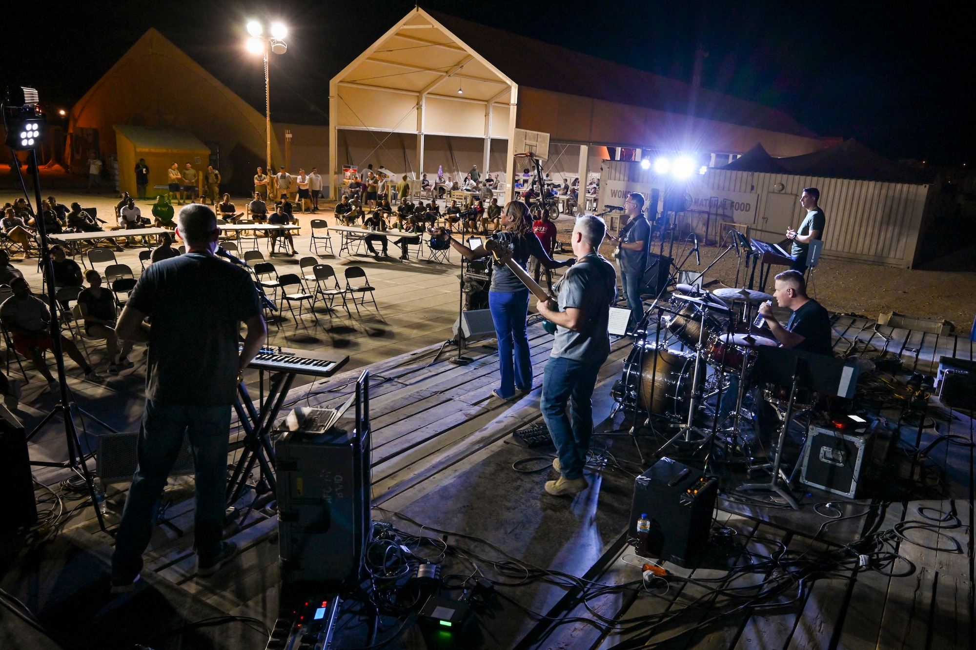 The U.S. Air Forces Central Band performs a concert at Prince Sultan Air Base, Kingdom of Saudi Arabia, Oct. 16, 2021. The 378th Air Expeditionary Wing hosted two nights of performances in recognition and celebration of the base’s accomplishments throughout the past summer. (U.S. Air Force photo by Capt. Rachel Buitrago)