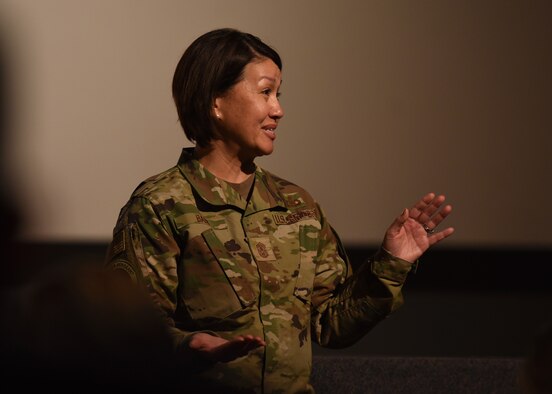 Chief Master Sgt. of the Air Force Joanne S. Bass engages with 17th Training Wing members in the Base Theater, on Goodfellow Air Force Base.