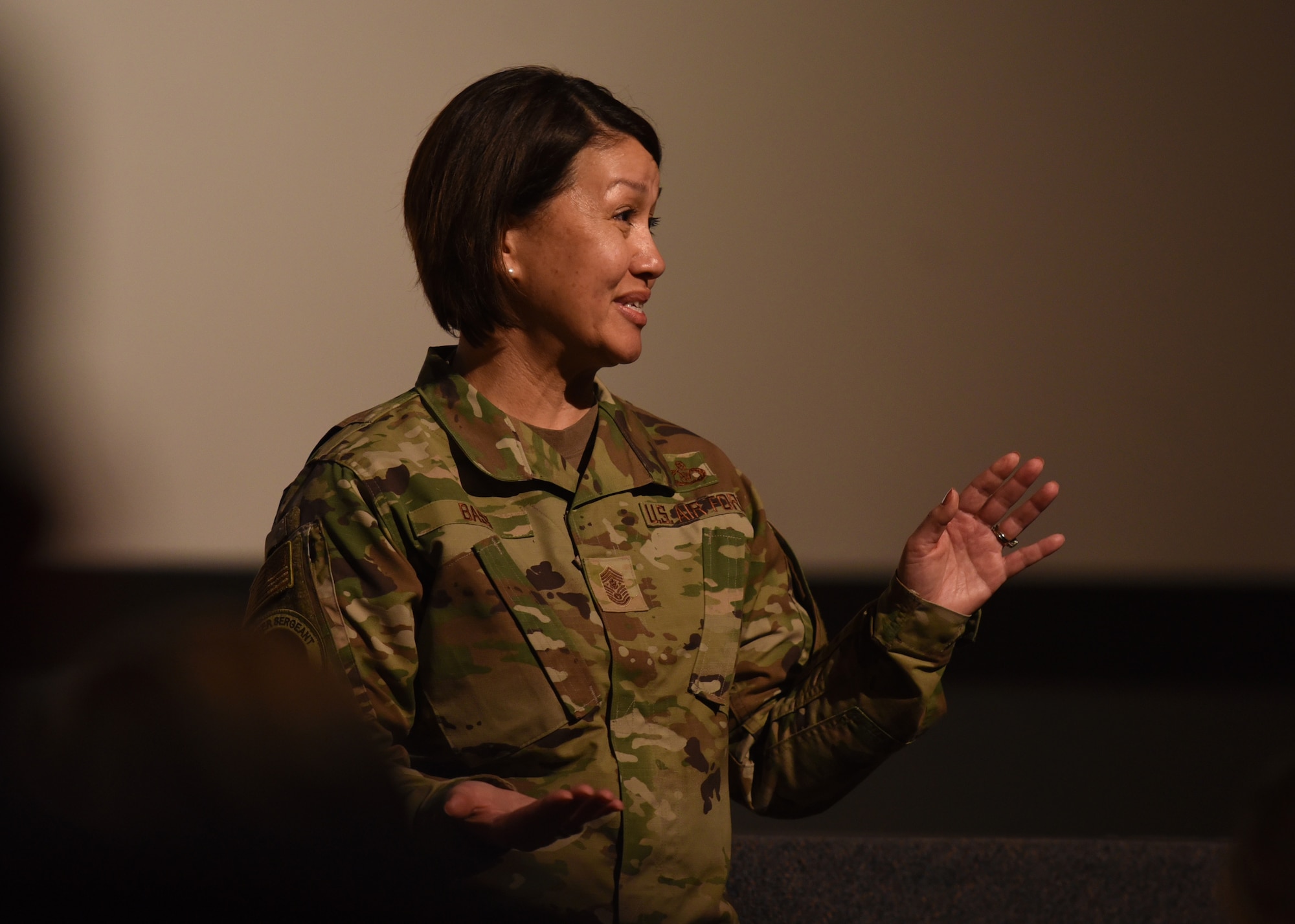 Chief Master Sgt. of the Air Force Joanne S. Bass engages with 17th Training Wing members in the Base Theater at Goodfellow Air Force Base, Texas, Nov. 3, 2021. Bass discussed the importance of the National Defense Strategy, modernizing the Air and Space Force and emphasized that leaders need to care about their people.