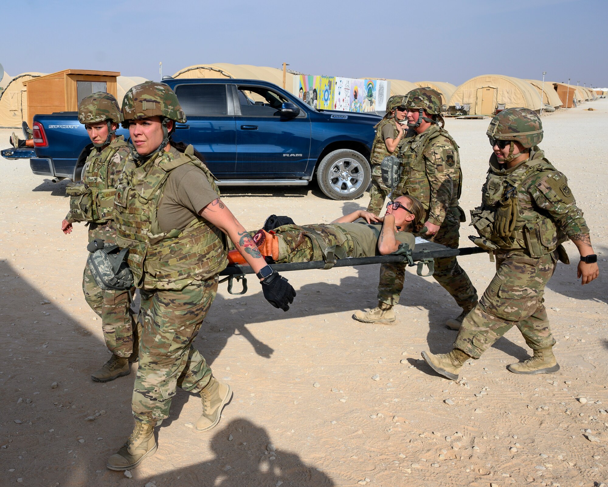 Members of the 378th Expeditionary Medical Group respond to a mass casualty and missile defense exercise at Prince Sultan Air Base, Kingdom of Saudi Arabia, Oct. 28 2021.