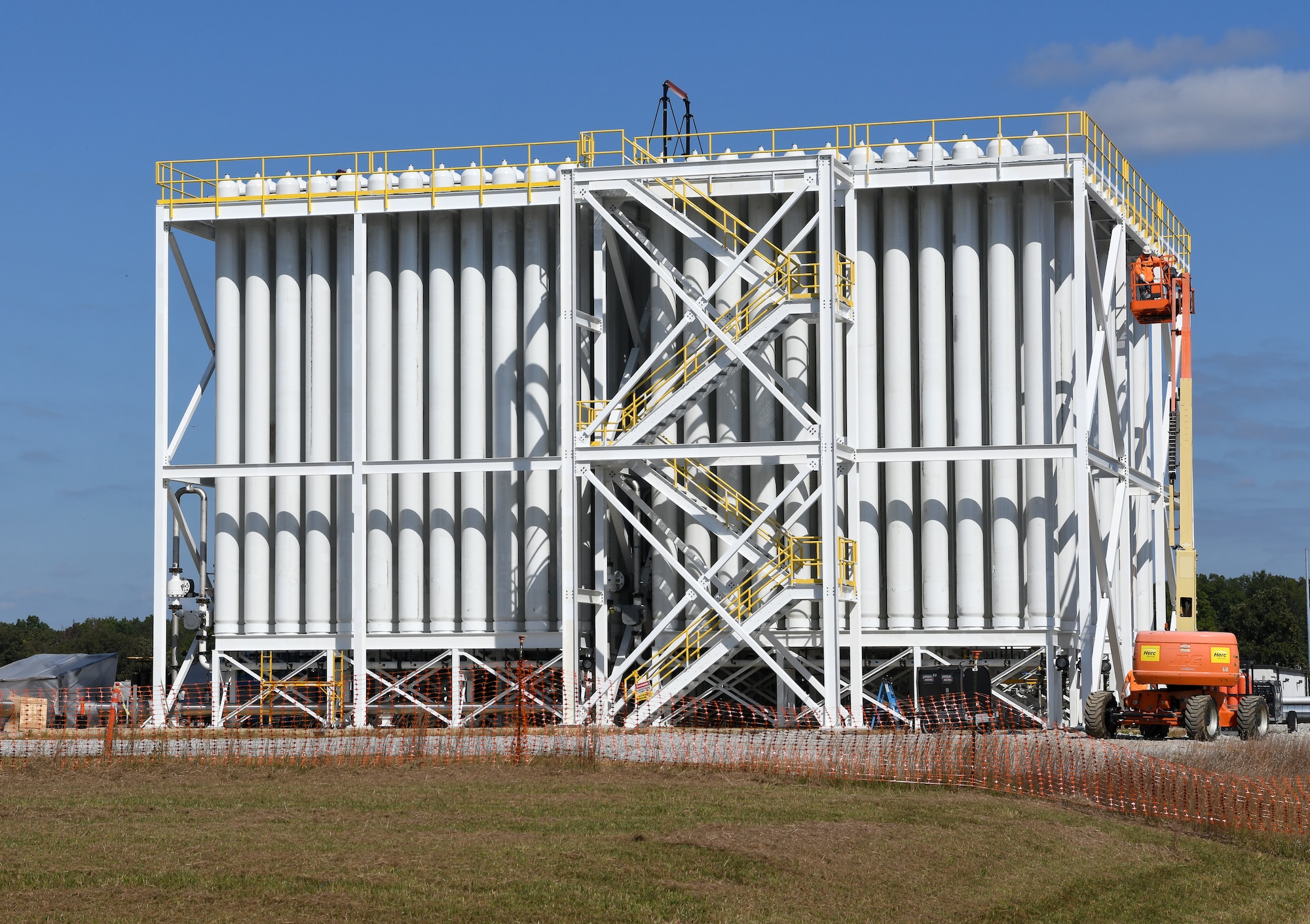 A total of 288 pressure vessels make up the J-5 bottle farm, shown here Oct. 20, 2021, which will supply high-pressure air to test facilities at Arnold Air Force Base, Tenn. (U.S. Air Force photo by Jill Pickett)