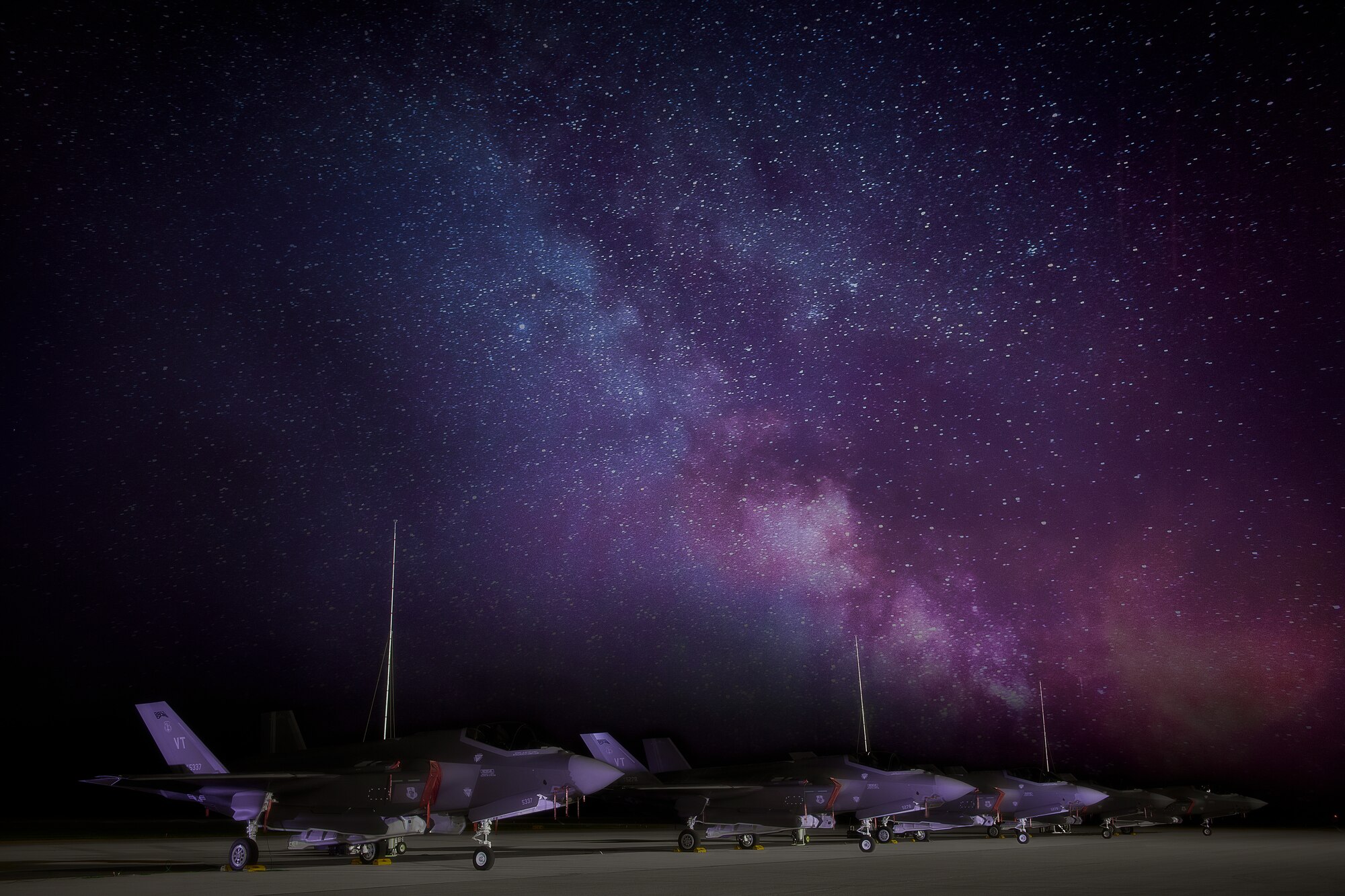 F-35A Lightning IIs assigned to the 134th Fighter Squadron, Vermont Air National Guard, sit on the flight line after a day of flying training mission.