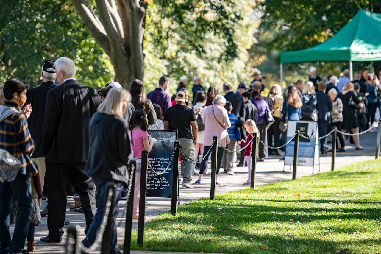 People stand in line at Arlington National Cemetery.