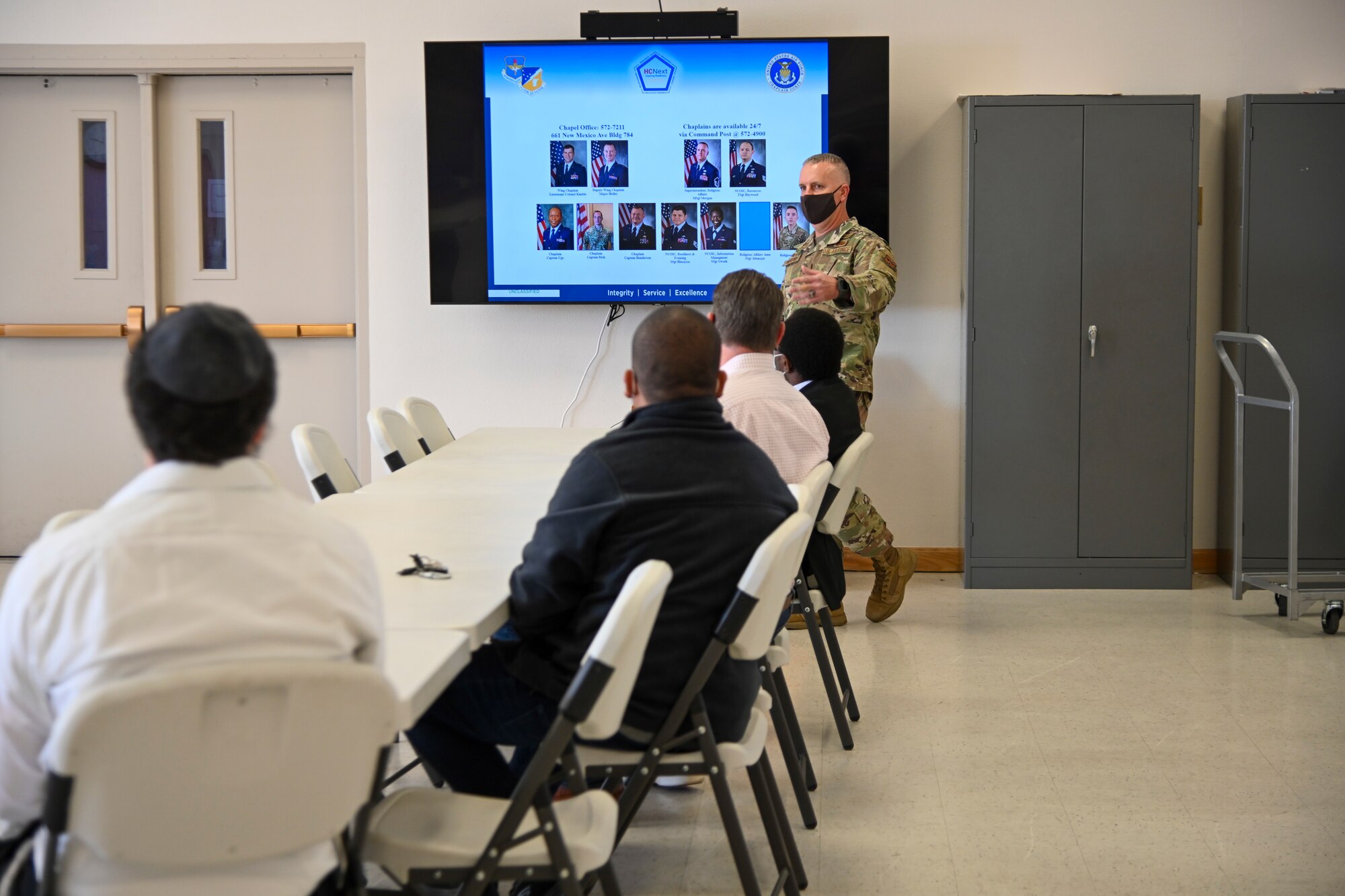 Master Sgt. Andrew Morgan, 49th Wing chaplain superintendent, briefs local clergy during a Clergy Day event, Nov. 4, 2021, on Holloman Air Force Base, New Mexico. If an Airman or Guardian requests a religious rite from a Chaplain that does not share the same denomination or faith tradition, the Chaplain can put that person in touch with the Civilian Religious leader of their faith. (U.S. Air Force photo by Airman 1st Class Jessica Sanchez-Chen)