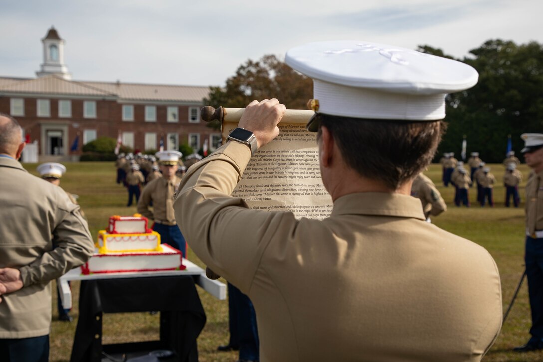 U.S. Marine Corps 1st Lt. Meghan Rodriguez, the adjutant of Combat Logistics Regiment 27, recites Lt. Gen. John A. Lejeune’s birthday message during the 246th Marine Corps Birthday Ball at Camp Lejeune, North Carolina, Nov. 10, 2021. Marines across the globe recognize and acknowledge the sacrifices made to defend democracy, and the Marine Corps’ enduring legacy as America’s premier fighting force. (U.S. Marine Corps photo by Sgt. Adaezia Chavez)