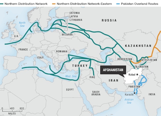 Photo of a map that shows the route of the Northern Distribution Network.