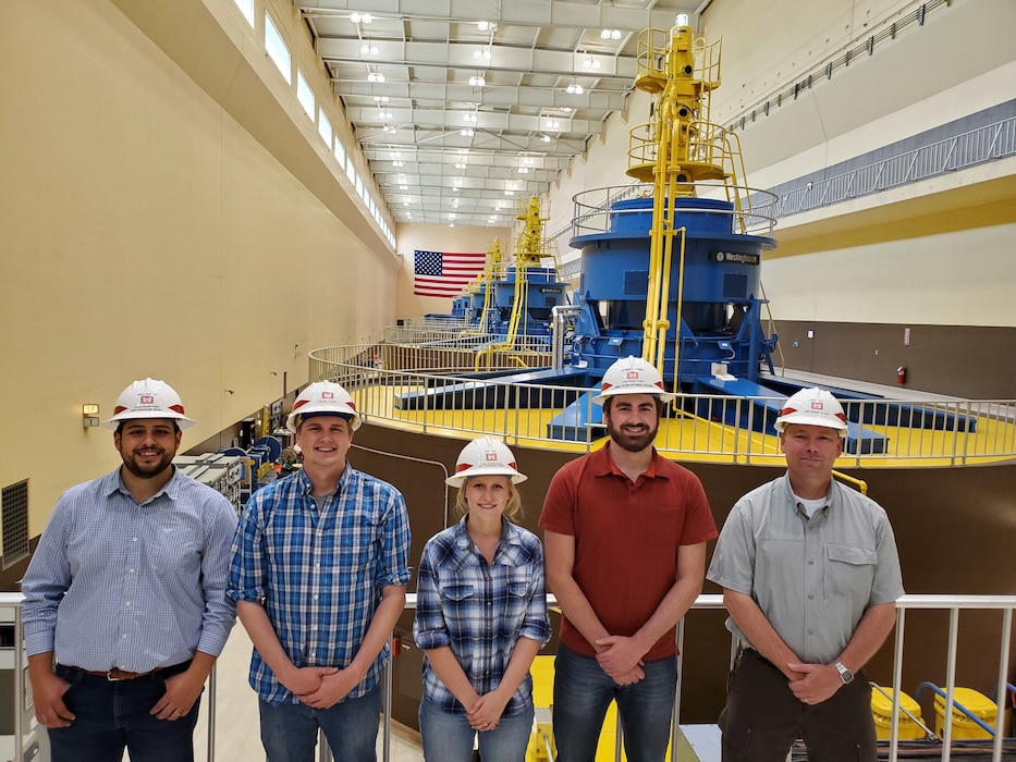 Hydropower Intern Program team at Lower Granite Lock and Dam. (Left to Right: Adrian Mariscal Arellano, Mechanical Engineer; Ceyel Clark, Electrical Engineer; Noel Wise, Electrical Engineer; Robert Jones, Electrical Engineer; Robert Herlt, Mechanical Engineer)