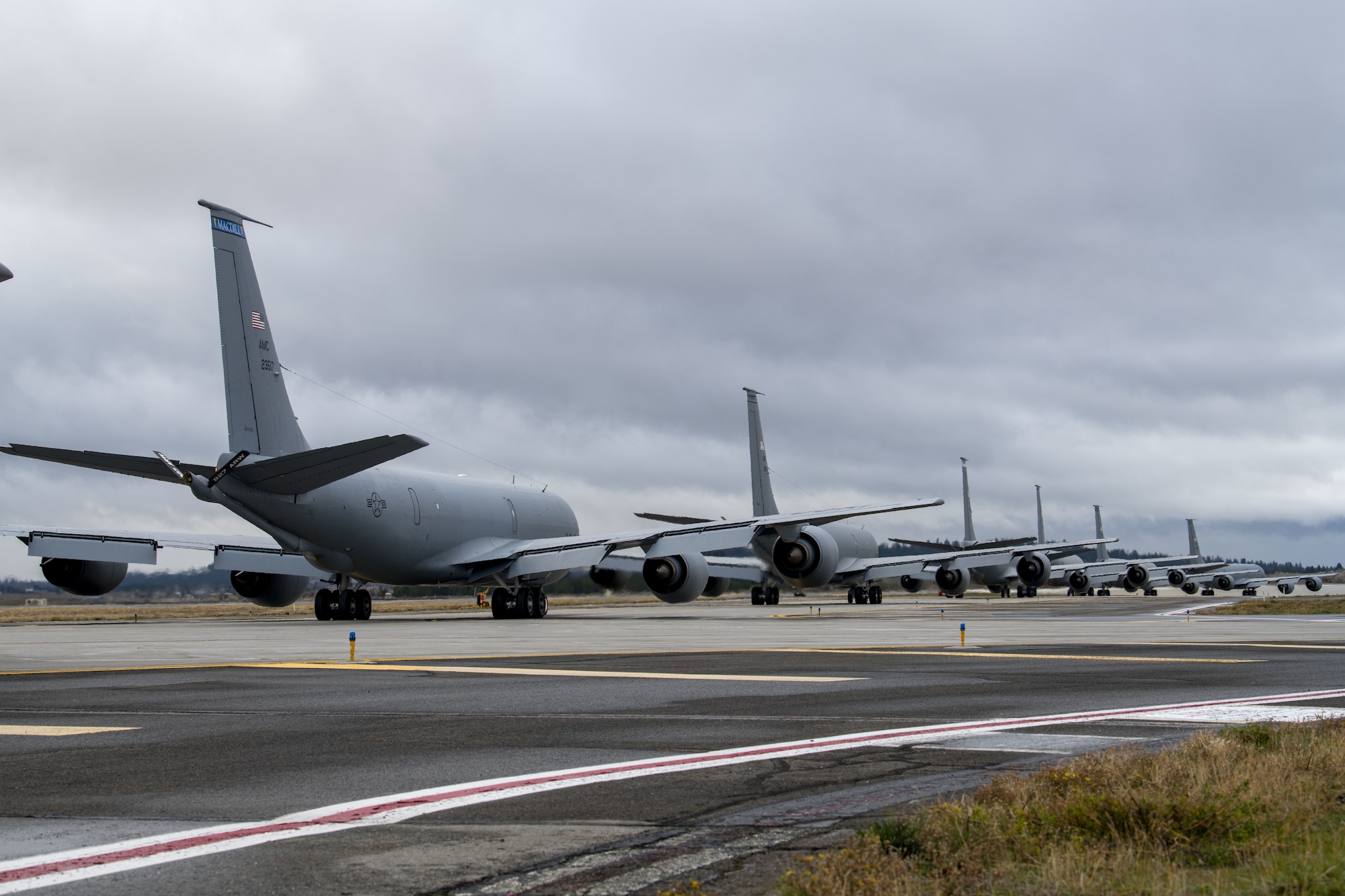 Multiple KC-135 Stratotankers taxi during exercise Global Thunder 22 at Fairchild Air Force Base, Washington, Nov. 6, 2021. Global Thunder is an annual command and control exercise designed to train U.S. Strategic Command forces and assess joint operational readiness. (U.S. Air Force photo by Staff Sgt. Lawrence Sena)