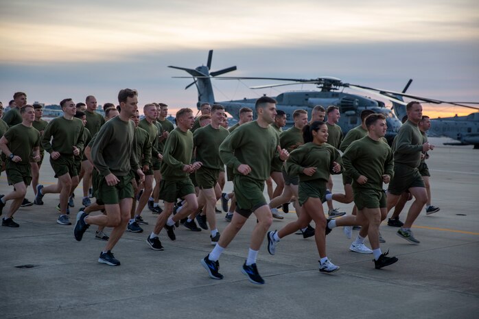 U.S. Marines stationed on Marine Corps Air Station New River participate in the Marine Corps birthday run on MCAS New River, North Carolina, Nov. 10, 2021. Marines on MCAS New River ran two and a half miles in honor of the 246th Marine Corps birthday. (U.S. Marine Corps photo by Cpl. Christian Ayers)
