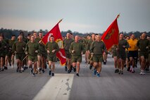 U.S. Marines stationed on Marine Corps Air Station New River participate in the Marine Corps birthday run on MCAS New River, North Carolina, Nov. 10, 2021. Marines on MCAS New River ran two and a half miles in honor of the 246th Marine Corps birthday. (U.S. Marine Corps photo by Cpl. Christian Ayers)