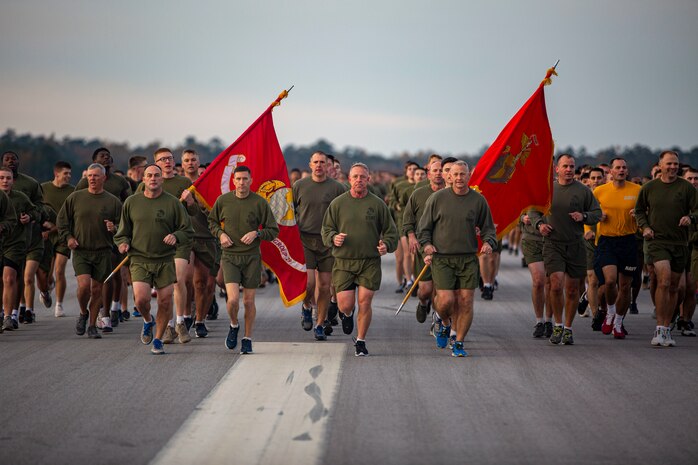 U.S. Marines stationed on Marine Corps Air Station New River participate in the Marine Corps birthday run on MCAS New River, North Carolina, Nov. 10, 2021. Marines on MCAS New River ran two and a half miles in honor of the 246th Marine Corps birthday. (U.S. Marine Corps photo by Cpl. Christian Ayers)
