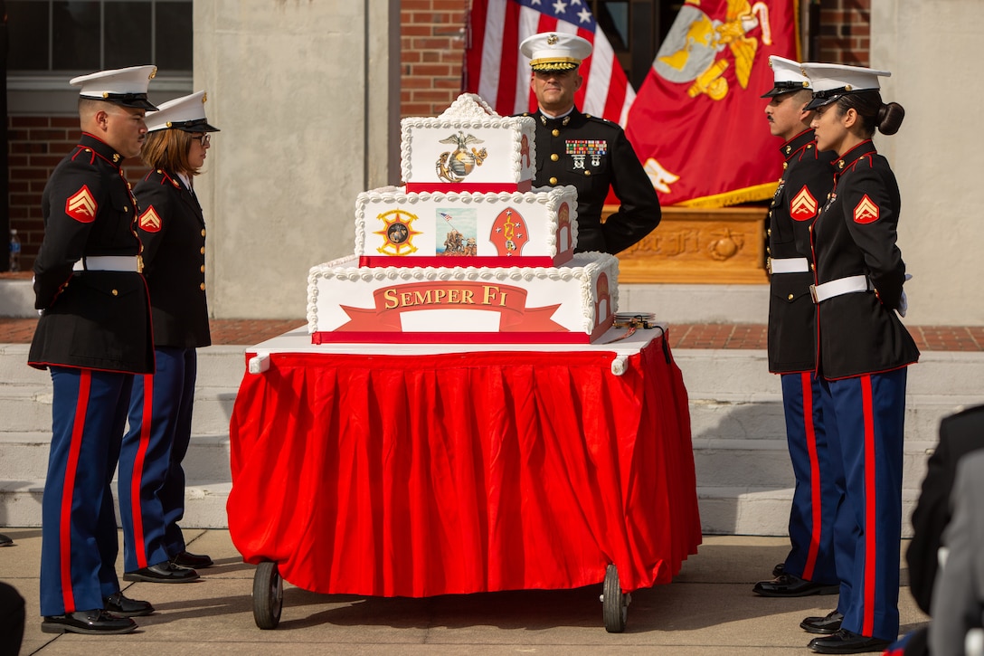 U.S. Marines with Marine Corps Base Camp Lejeune participate in the 246th Marine Corps Birthday Cake Cutting Ceremony on Marine Corps Base Camp Lejeune, North Carolina, Nov. 10, 2021. A celebration for the Marine Corps birthday is held every year to reflect on the traditions, history and legacy of the Marine Corps. (U.S. Marine Corps photo by Lance Cpl. Antonino Mazzamuto)