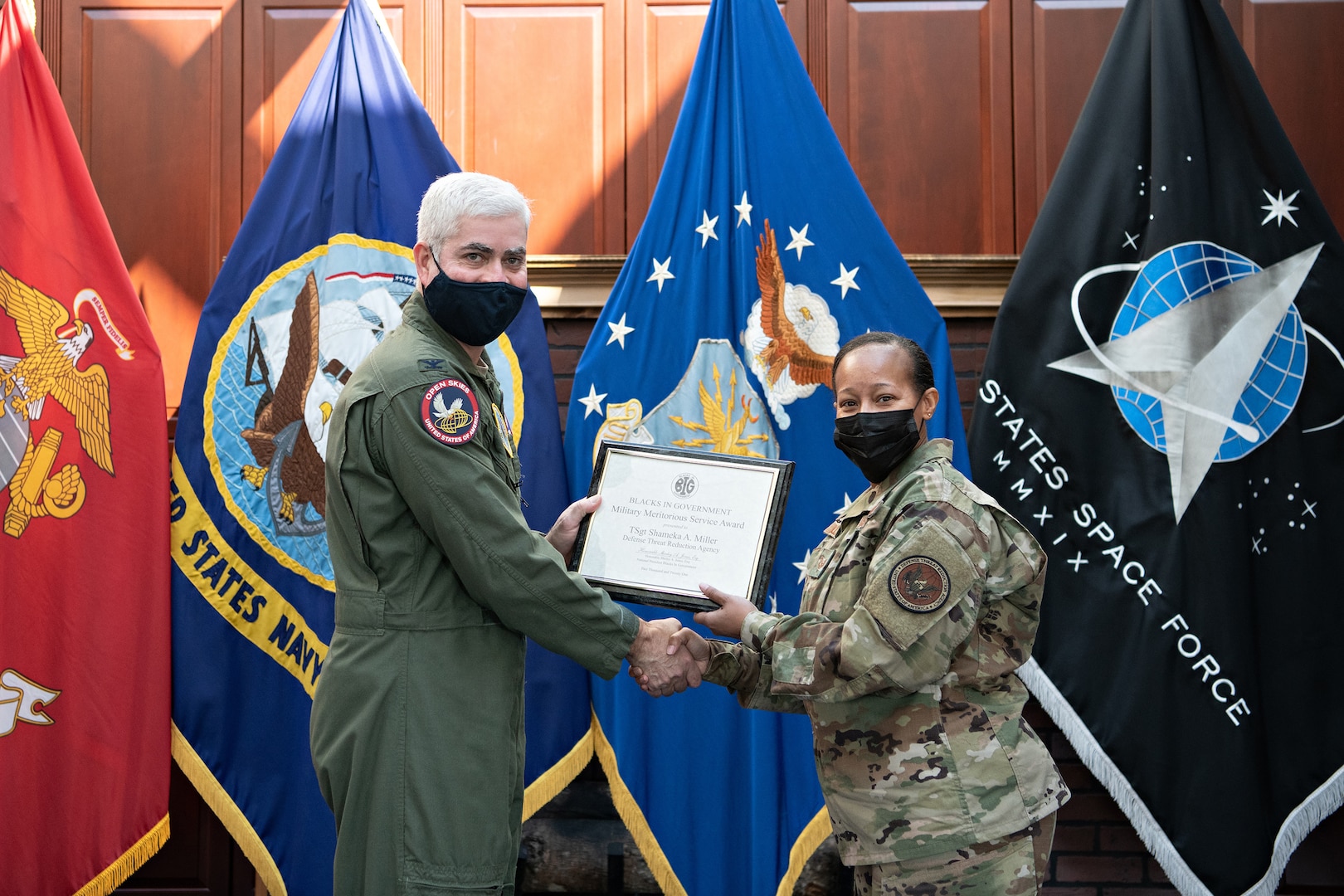 Award Presentation to TSgt Shameka A. Miller, USAF. Defense Threat Reduction, Fort Belvoir, Virginia, 11-10-2021.