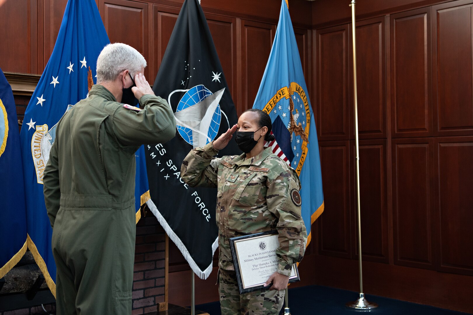 Award Presentation to TSgt Shameka A. Miller, USAF. Defense Threat Reduction, Fort Belvoir, Virginia, 11-10-2021.