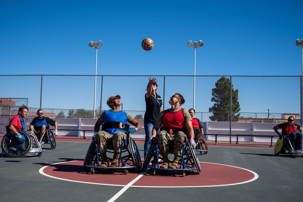 Airmen from Edwards Air Force Base participate in a game of wheelchair rugby during a National Disability Employment Awareness Month observance at the Rosburg Fitness Center, Oct. 29, at Edwards Air Force Base, California.
