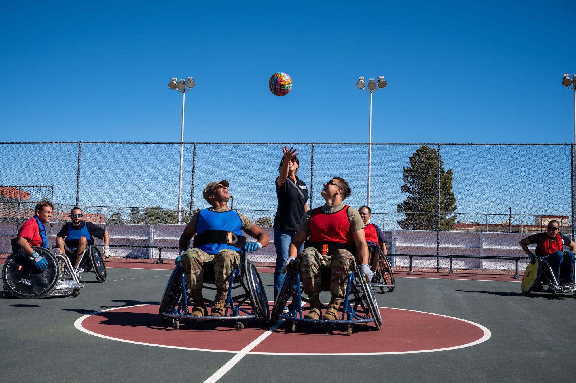 Airmen from Edwards Air Force Base participate in a game of wheelchair rugby during a National Disability Employment Awareness Month observance at the Rosburg Fitness Center, Oct. 29, at Edwards Air Force Base, California.