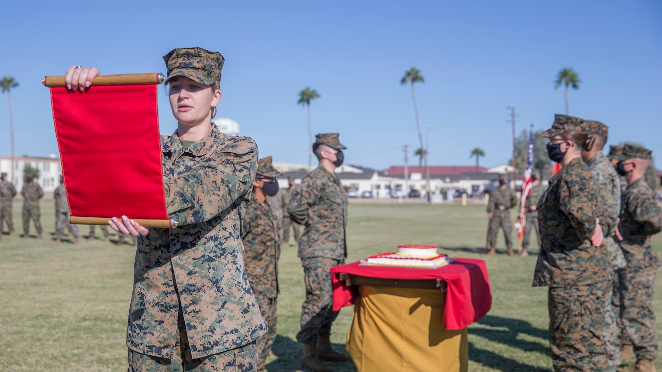 U.S. Marine Corps 1st Lt. Alison Keenan, the Marine Corps Air Station (MCAS) Yuma Adjutant, reads the traditional birthday message from the 13th Commandant of the Marine Corps, Gen. John A. Lejeune, during a ceremony celebrating the Marine Corps’ 246th birthday at MCAS Yuma, Ariz., Nov. 10, 2021. The annual ceremony signified the passing of traditions from one generation to the next. (U.S. Marine Corps photo by Sgt. Jason Monty)