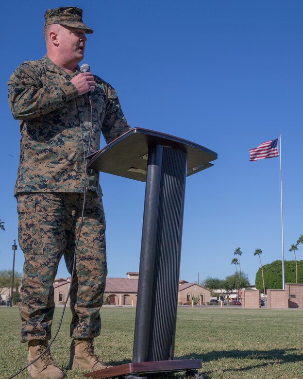 U.S. Marine Corps Col. Charles E. Dudik, the Marine Corps Air Station (MCAS) Yuma Commanding Officer, speaks to Marines during a ceremony celebrating the Marine Corps’ 246th birthday at MCAS Yuma, Ariz., Nov. 10, 2021. The annual ceremony signified the passing of traditions from one generation to the next. (U.S. Marine Corps photo by Sgt. Jason Monty)