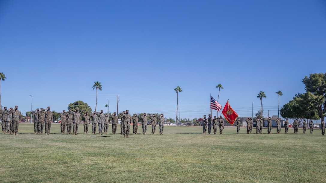 U.S. Marines at Marine Corps Air Station (MCAS) Yuma conduct a ceremony celebrating the Marine Corps’ 246th birthday at MCAS Yuma, Ariz., Nov. 10, 2021. The annual ceremony signified the passing of traditions from one generation to the next. (U.S. Marine Corps photo by Sgt. Jason Monty)