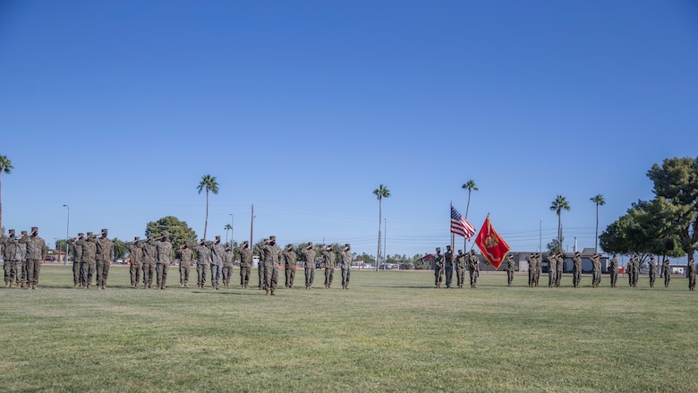 U.S. Marines at Marine Corps Air Station (MCAS) Yuma conduct a ceremony celebrating the Marine Corps’ 246th birthday at MCAS Yuma, Ariz., Nov. 10, 2021. The annual ceremony signified the passing of traditions from one generation to the next. (U.S. Marine Corps photo by Sgt. Jason Monty)