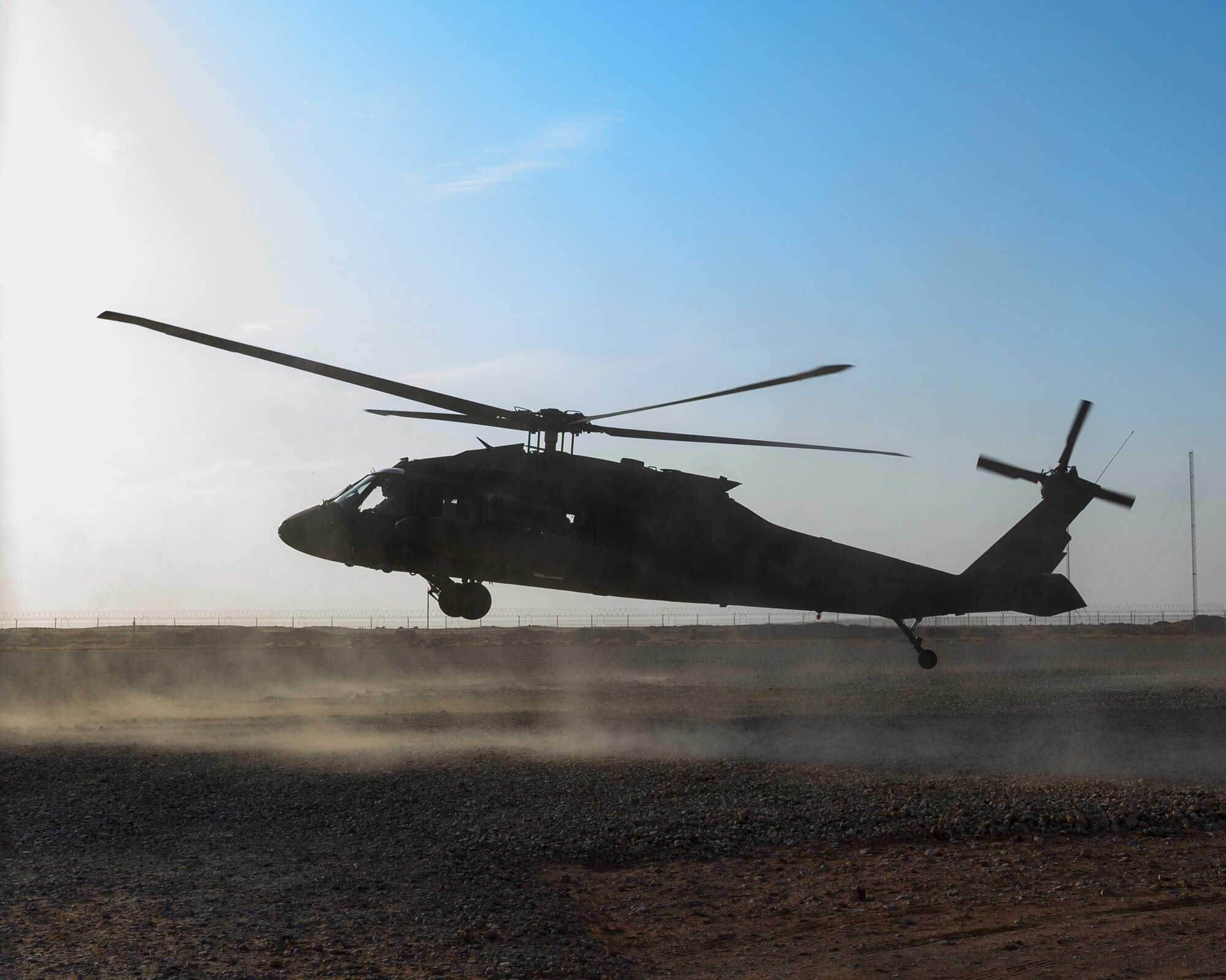 A U.S. Army UH-60 Black Hawk takes off to transport a mock victim of a mass casualty and missile defense exercise at Prince Sultan Air Base, Kingdom of Saudi Arabia, Oct. 28 2021.