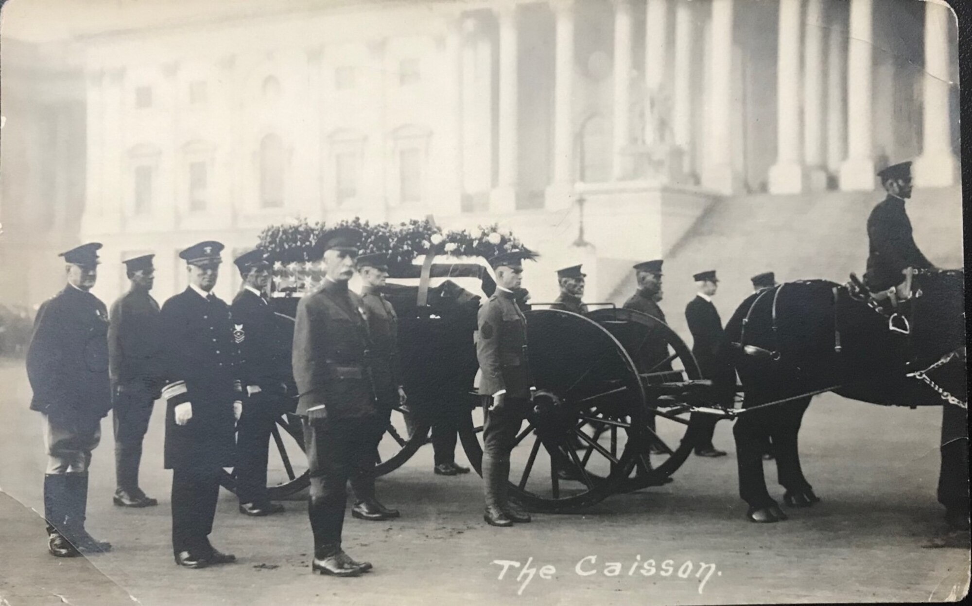 100 years ago on Nov. 11, 1921, the Unknown (soldier) was placed on this horse-drawn caisson and carried in a procession through Washington, D.C. and across the Potomac River to his last resting place. A state funeral ceremony was held at Arlington National Cemetery’s new Memorial Amphitheater, and the Unknown was interred in the Tomb of the Unknown Soldier. (U.S. Air Force 932nd AW History Office Courtesy Photo)