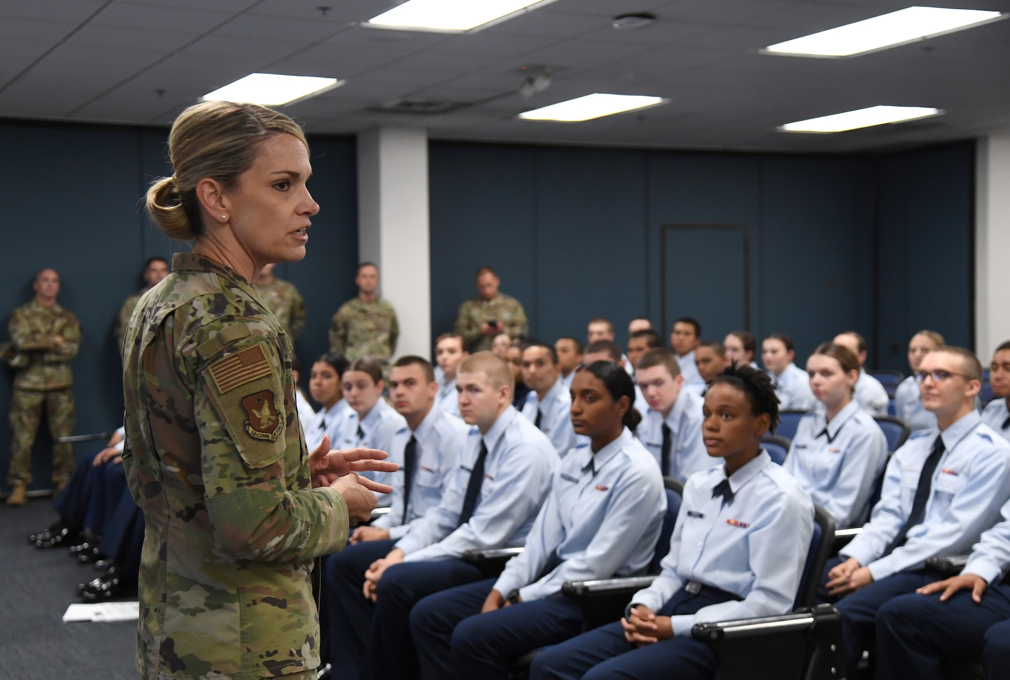 U.S. Air Force Maj. Gen. Michele C. Edmondson, Second Air Force commander, speaks to 81st Training Group Airmen inside the Levitow Training Support Facility during an immersion tour at Keesler Air Force Base, Missisippi, Nov. 8, 2021. Edmondson visited Vandenberg Hall, student dorms, Bryan Hall and more as part of her tour of the 81st Training Wing. (U.S. Air Force photo by Kemberly Groue)