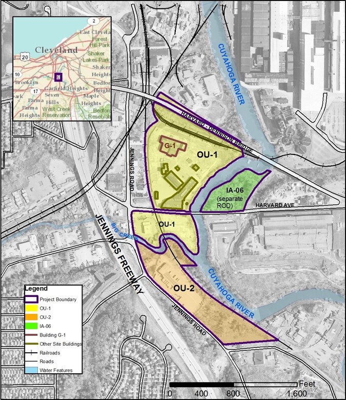 Colored overlays on a black-and-white map of Cleveland Ohio along the Cuyahoga River.
