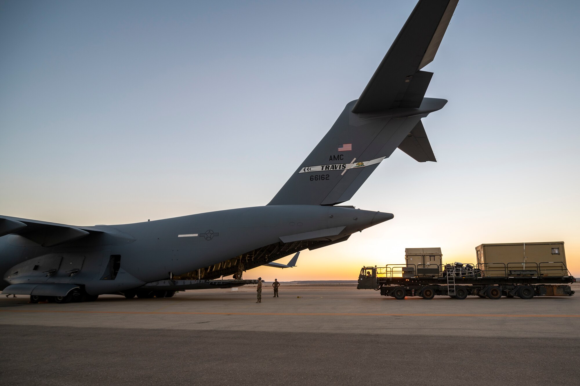 The C-17, from Travis Air Force Base, California, delivered equipment for the 26th Expeditionary Rescue Squadron in support of the 332nd Air Expeditionary Wing’s mission.