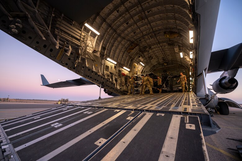 The C-17, from Travis Air Force Base, California, delivered equipment for the 26th Expeditionary Rescue Squadron in support of the 332nd Air Expeditionary Wing’s mission.