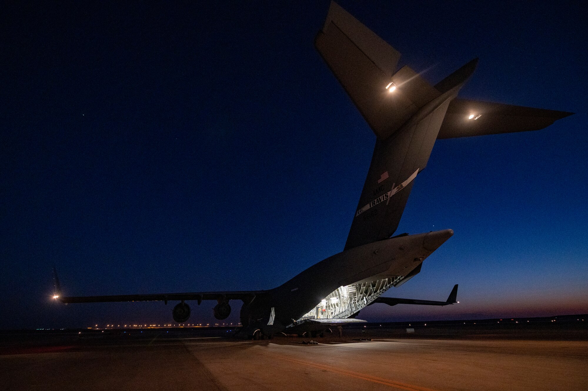 The C-17, from Travis Air Force Base, California, delivered equipment for the 26th Expeditionary Rescue Squadron in support of the 332nd Air Expeditionary Wing’s mission.