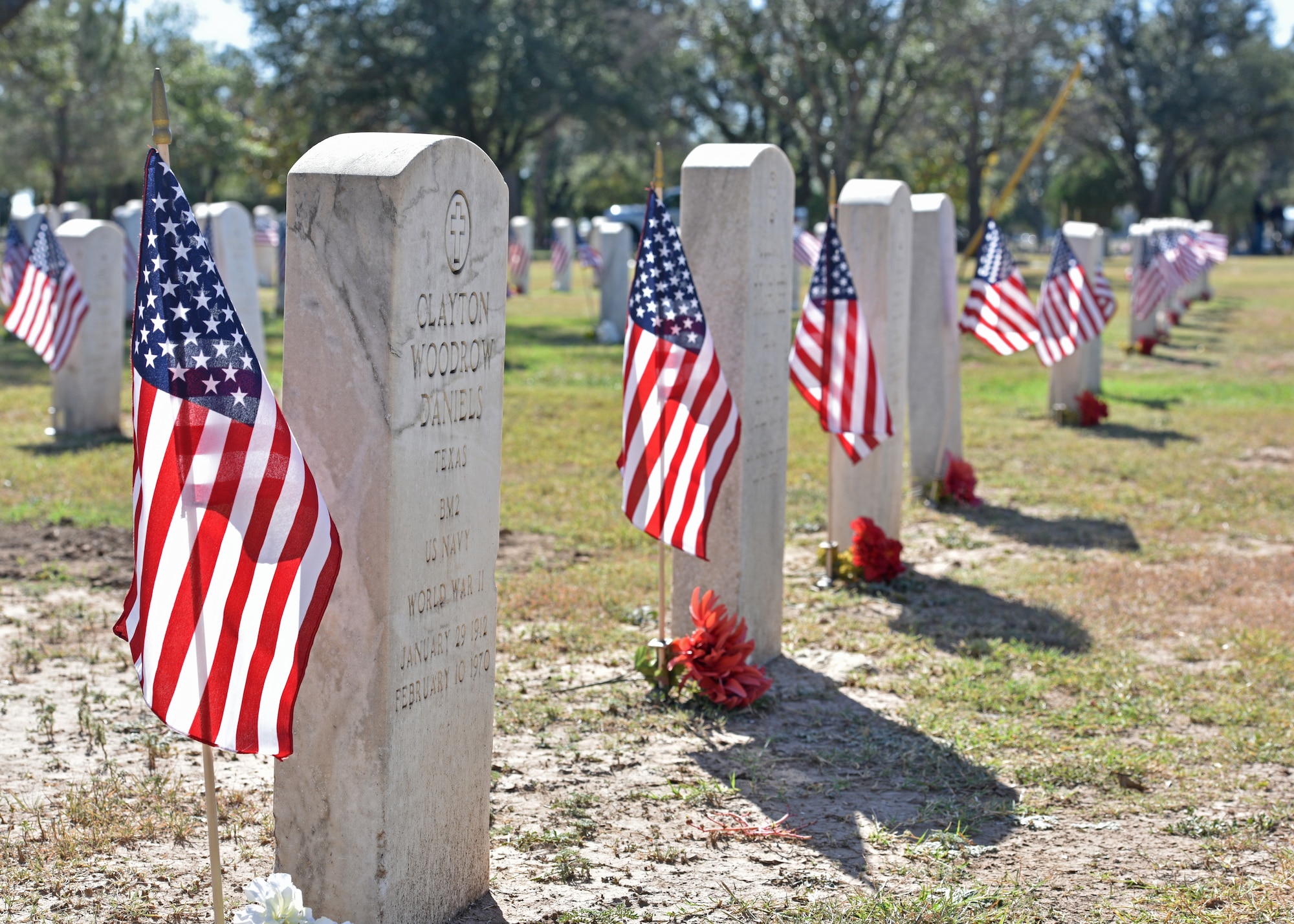 The Fairmount Cemetery in San Angelo, Texas. Nov. 11, 2021. Prior to Veterans Day, volunteers from the San Angelo and Goodfellow Air Force Base community came together to honor fallen veterans by placing flags near their grave stones.  (U.S. Air Force photo by Senior Airman Ashley Thrash)