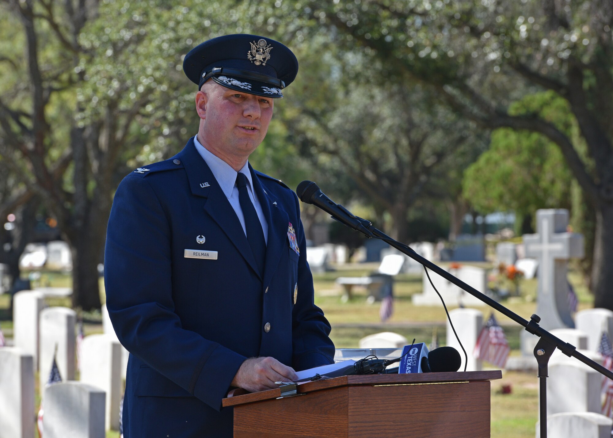 U.S. Air Force Col. Matthew Reilman, 17th Training Wing commander, speaks at the Veterans Day ceremony at the Fairmount Cemetery in San Angelo, Texas, Nov. 11. Reilman spoke about the importance of thanking and supporting our veterans daily. (U.S. Air Force photo by Senior Airman Ashley Thrash)