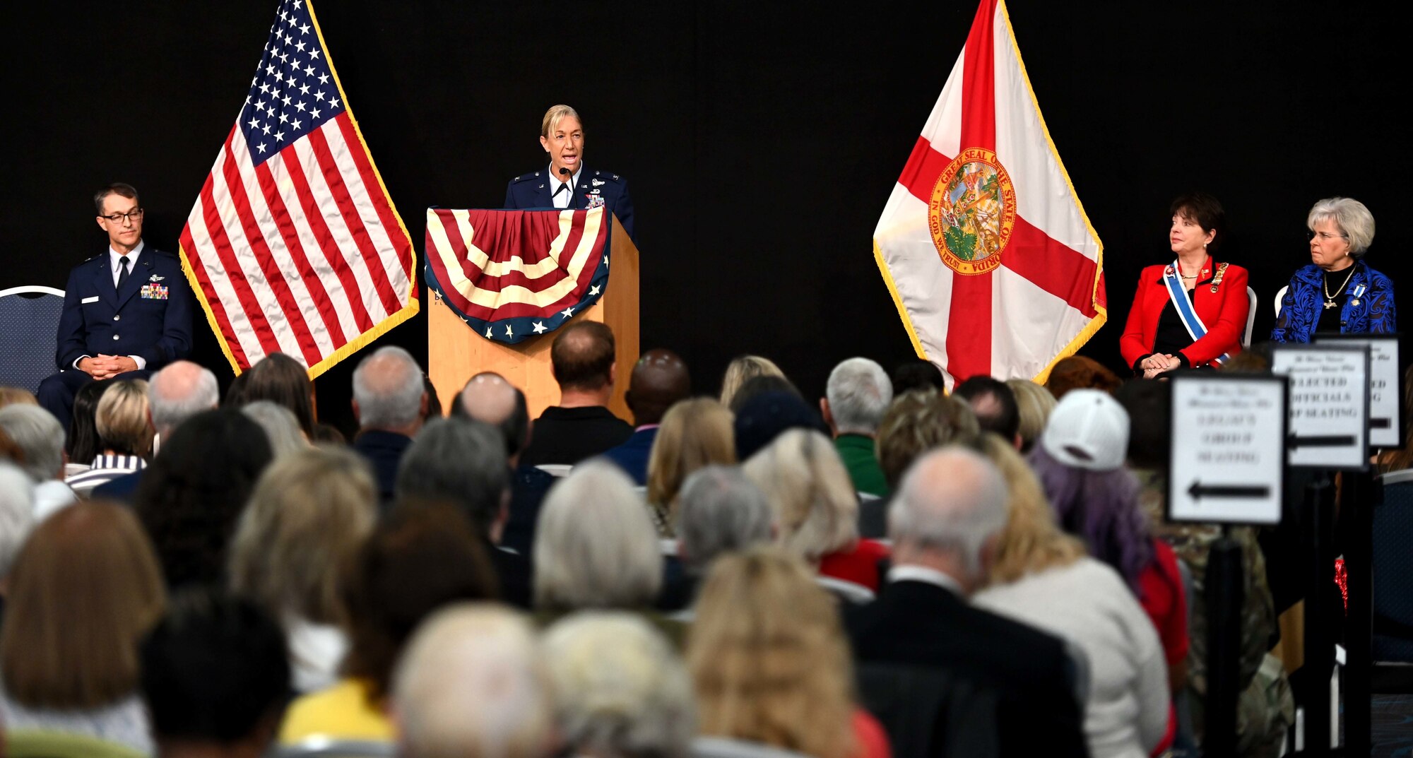 Colonel Allison Black, vice commander of the 24th Special Operations Wing, speaks during the Women Veteran's Memorial Unveiling at Veterans' Park in Fort Walton Beach, Florida, Nov. 11, 2021.