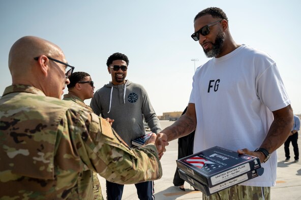 Tracy McGrady and Jalen Rose answer questions from service members in the Coalition Compound Theater, Nov. 11, 2021 at Al Udeid Air Base, Qatar.