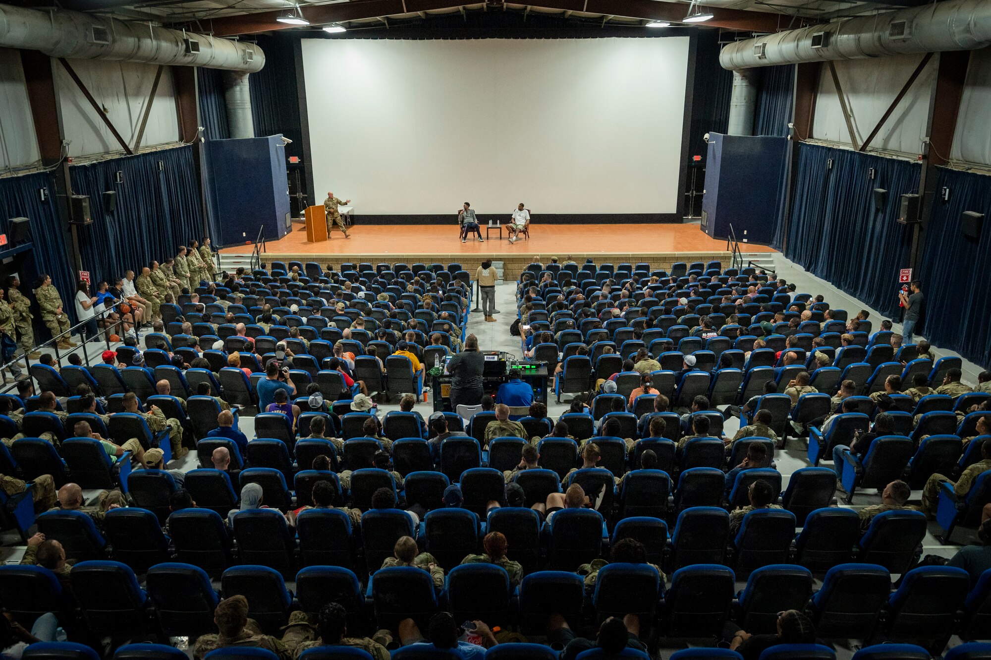 Tracy McGrady and Jalen Rose answer questions from service members in the Coalition Compound Theater, Nov. 11, 2021 at Al Udeid Air Base, Qatar.