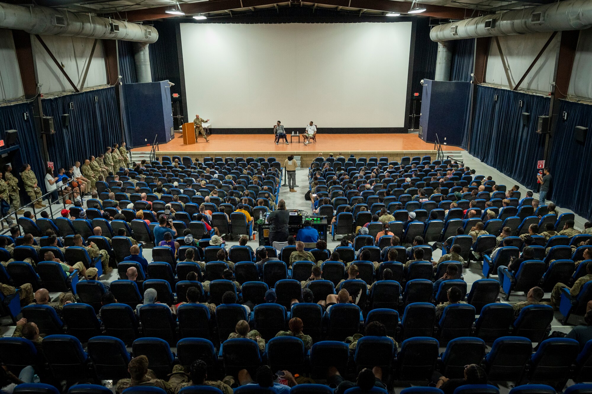 Tracy McGrady and Jalen Rose answer questions from service members in the Coalition Compound Theater, Nov. 11, 2021 at Al Udeid Air Base, Qatar.