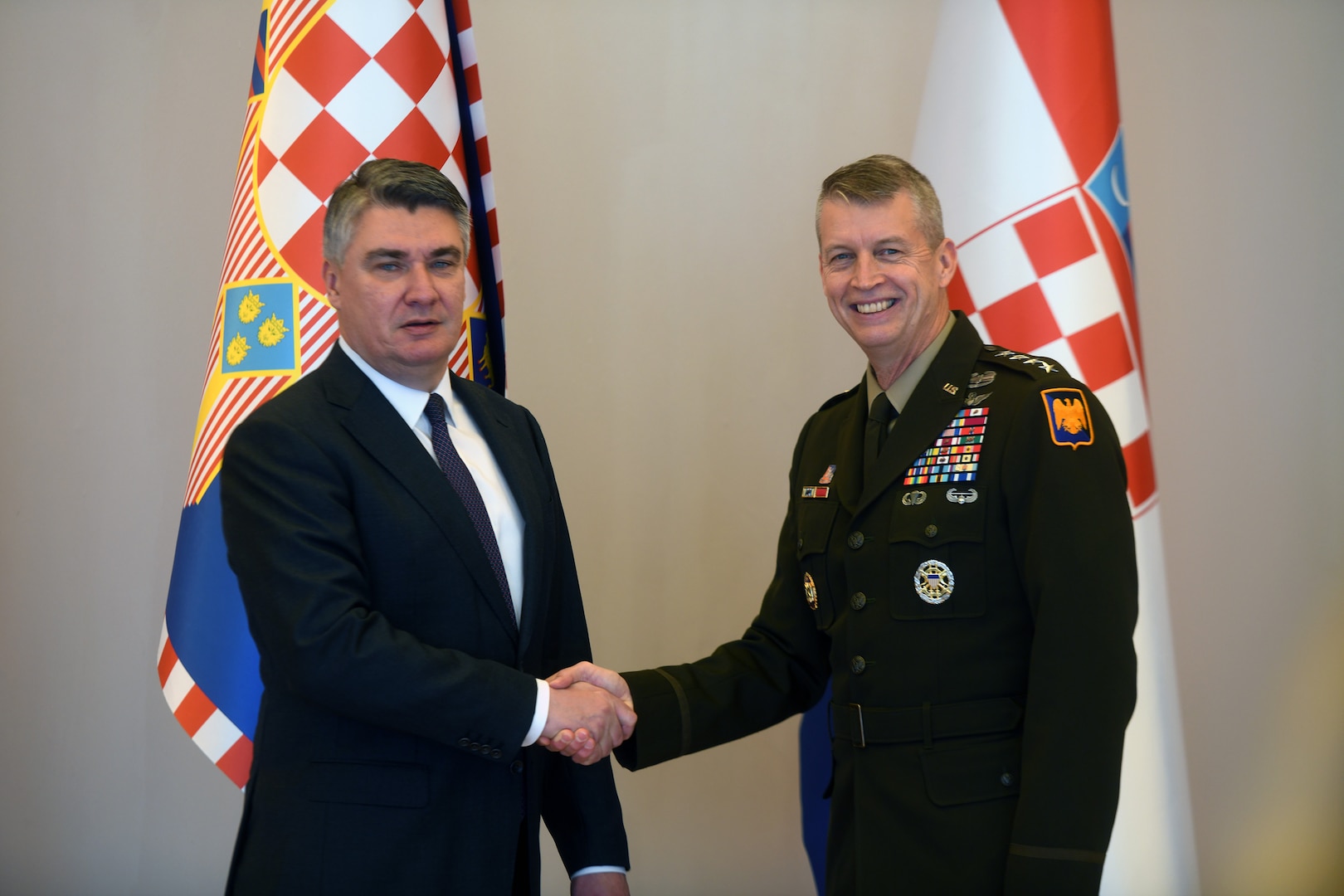 Army Gen. Daniel Hokanson, chief, National Guard Bureau, right, and Croatia's President Zoran Milanovic, Zagreb, Croatia, Nov. 5, 2021.