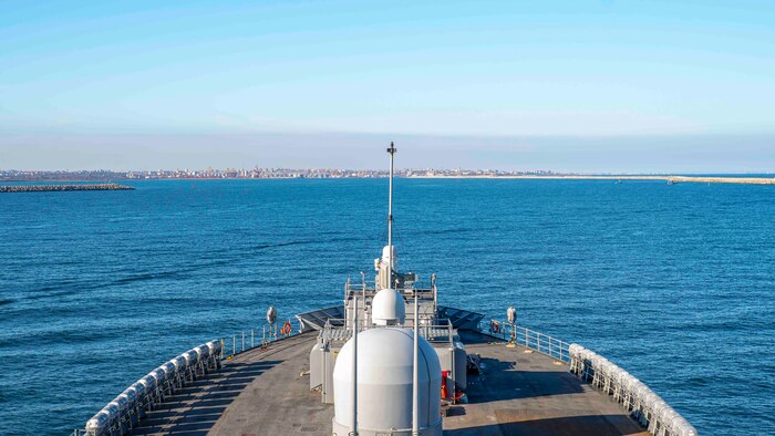 The Blue Ridge-class command and control ship USS Mount Whitney (LCC 20) ship makes port in Constanta, Romania, November 12, 2021.