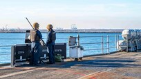 Sailors stand small craft assault team watch aboard the Blue Ridge-class command and control ship USS Mount Whitney (LCC 20) as the ship makes port in Constanta, Romania, November 12, 2021.