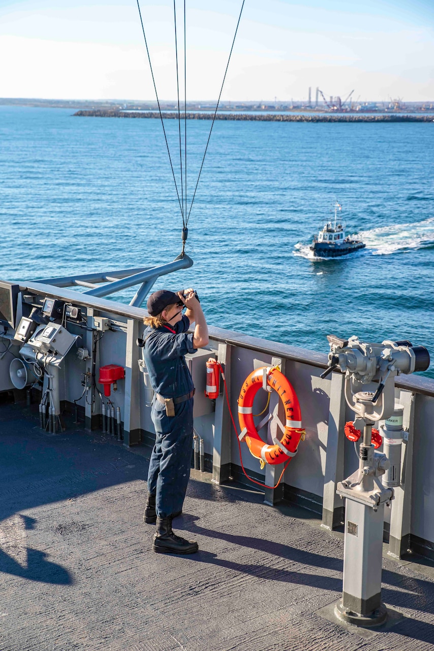 Military Sealift Command Ordinary Seaman Lane Canada stands bridge watch aboard the Blue Ridge-class command and control ship USS Mount Whitney (LCC 20) as the ship makes port in Constanta, Romania, November 12, 2021.