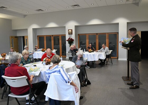 The U.S. Army Corps of Engineers Nashville District Deputy Commander Lt. Col. Branen explains the Nashville District Hydropower Rehabilitation Program map to members of the Just Older Youth senior group at St. Philips Catholic Church in Franklin, TN.