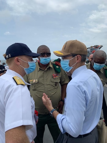 (Nov. 9, 2021) Rear Adm. Benjamin Reynolds, U.S. Naval Forces Europe-Africa/U.S. Sixth Fleet Director of Maritime Headquarters, speaks with General Jorge Dos Santos from Angola, Nov. 9, 2021. U.S. Sixth Fleet, headquartered in Naples, Italy, conducts the full spectrum of joint and naval operations, often in concert with allied and interagency partners, in order to advance U.S. national interests and security and stability in Europe and Africa.