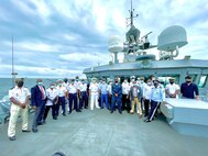 211109-N-NO901-0007 REPUBLIC OF CONGO (Nov. 9, 2021) Rear Adm. Benjamin Reynolds, U.S. Naval Forces Europe-Africa/U.S. Sixth Fleet Director of Maritime Headquarters, center, poses for a group photo, Nov. 9, 2021. U.S. Sixth Fleet, headquartered in Naples, Italy, conducts the full spectrum of joint and naval operations, often in concert with allied and interagency partners, in order to advance U.S. national interests and security and stability in Europe and Africa. (U.S. Navy courtesy photo)