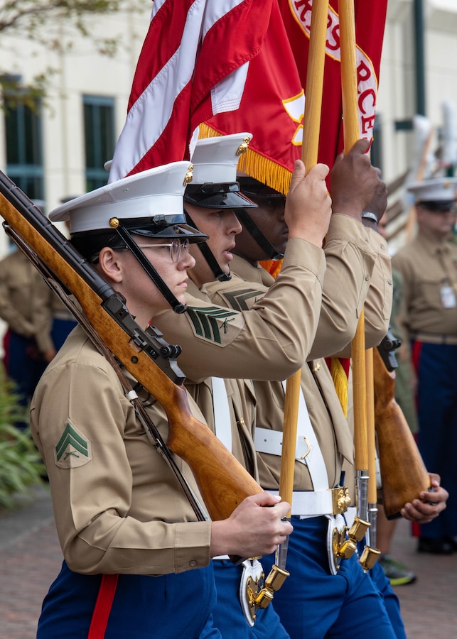 Marines with Marine Forces Reserve color guard participate in the National Anthem during the U.S. Marine Corps 246th Birthday ceremony at Marine Support Facility New Orleans, La., Nov. 10, 2021. The color guard is an essential part of the birthday celebration and ceremony honoring 246 years of history in the Marine Corps. (U.S. Marine Corps photo by Cpl. Jonathan L. Gonzalez)